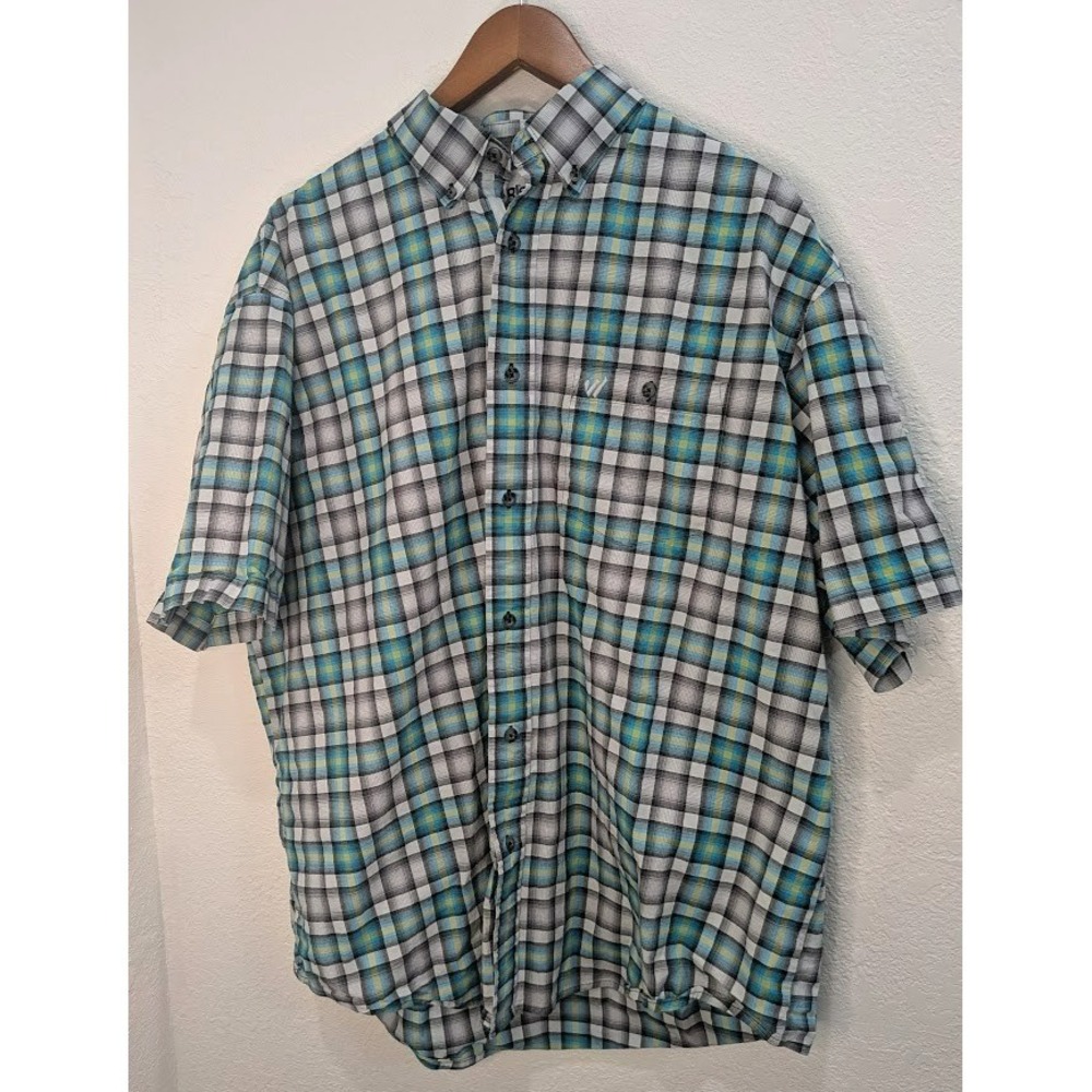 Wrangler Blue Gray Plaid Men's XL "W" Pocket Short Sleeve Button-Up Cotton Shirt - Picture 2 of 6